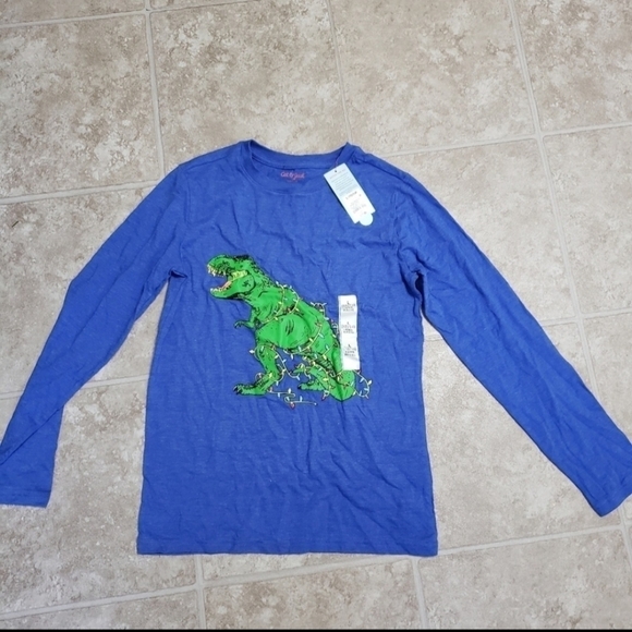 NWT Cat & Jack Blue Long Sleeve Tshirt Christmas T-Rex Dinosaur Boys Large 12-14 - Picture 1 of 5